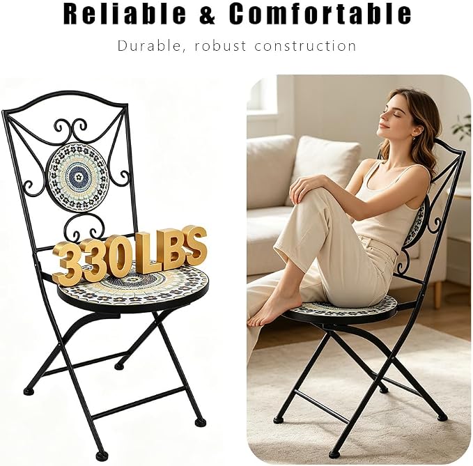 Folding Patio Chairs Set of 2 Mosaic Bistro Chair Outdoor Seating | Garden Patio Furniture Seating Heavy Duty Metal Frame Dining Chairs for Lawn Yard Balcony Porch Backyard Poolside