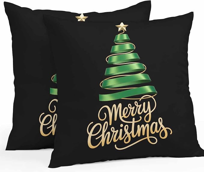 Black Christmas Tree Outdoor Pillow Covers 18 x 18 Inches, Green Xmas Tree with Star Waterproof Throw Pillow Cover Set of 2, Christmas Black Decorative Square Cushion Covers for Patio/Couch