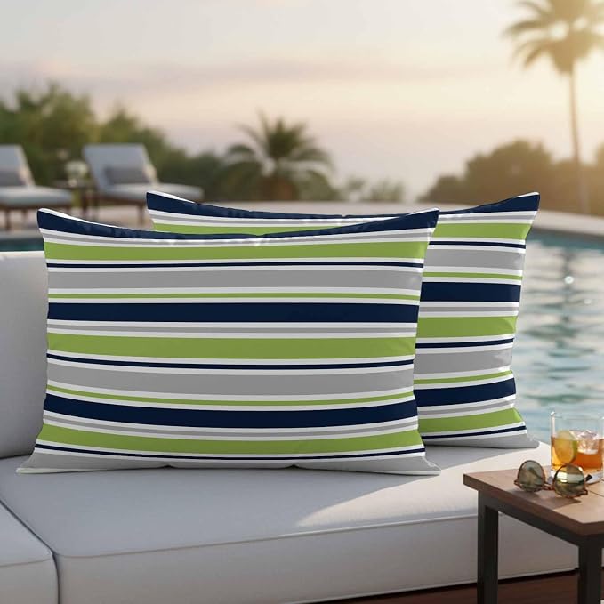 Lumbar Pillow Covers 12 x 20 Inches, Green Gray Striped Waterproof Throw Pillow Cover Set of 2, Farmhouse Stripes Modern Abstract Art Decorative Rectangle Cushion Covers for Patio/Couch/Garden
