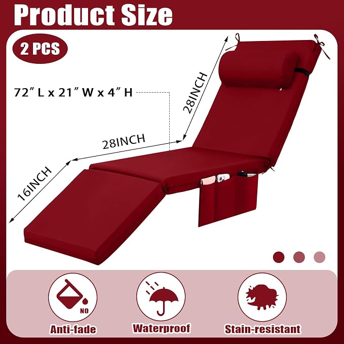 RattanView 2 Pcs Outdoor Chaise Lounge Cushion with Pillow and Side Pockets Waterproof Lounge Chair Cushions for Outdoor Furniture Patio Lounger Pad for Outside Pool Lawn (Brick Red,72 x 21 x 4)