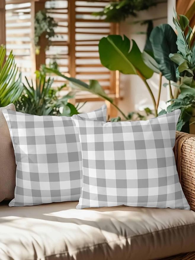 Waterproof Outdoor Pillow Set of 2 Grey Buffalo Plaid Decorative Throw Pillows Cover & Insert 16x16 Inch Pillowcase Check Lines Square Pillows for Couch Sofa Bed Patio Furniture Indoor Outdoor