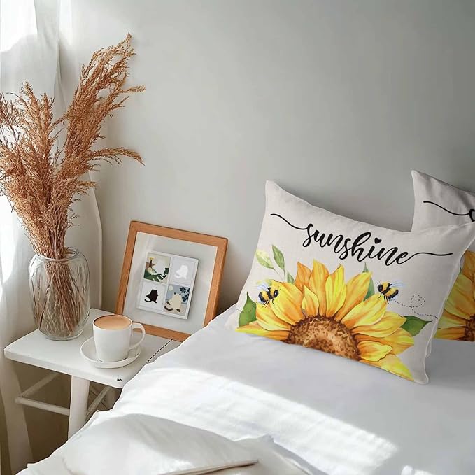 Vintage Yellow Sunflower Bee Outdoor Throw Pillow Covers Set of 2,Decorative Waterproof Pillowcase, Rustic Botanical on Linen Cushion Case for Patio Garden Couch Sofa Tent Bed 20x12 Inches