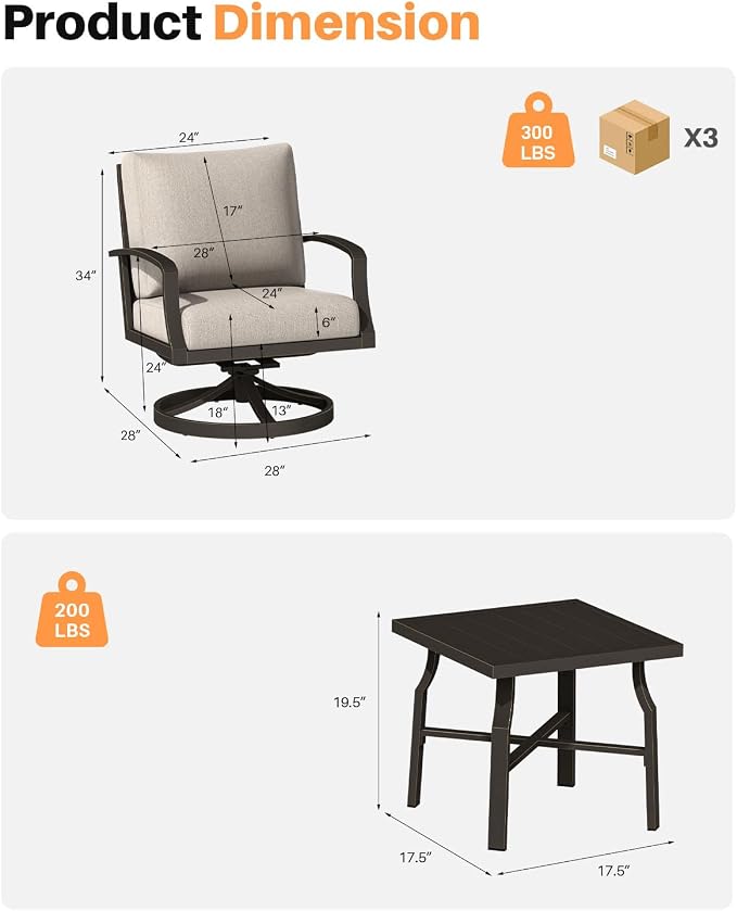 3-Piece Patio Furniture Set, Never-Rust Aluminum Swivel Patio Sofa Set with 2 Swivel Armchairs and Side Table, Patio Conversation Set with Cushions for Porch, Backyard, Poolside, Dark Bronze
