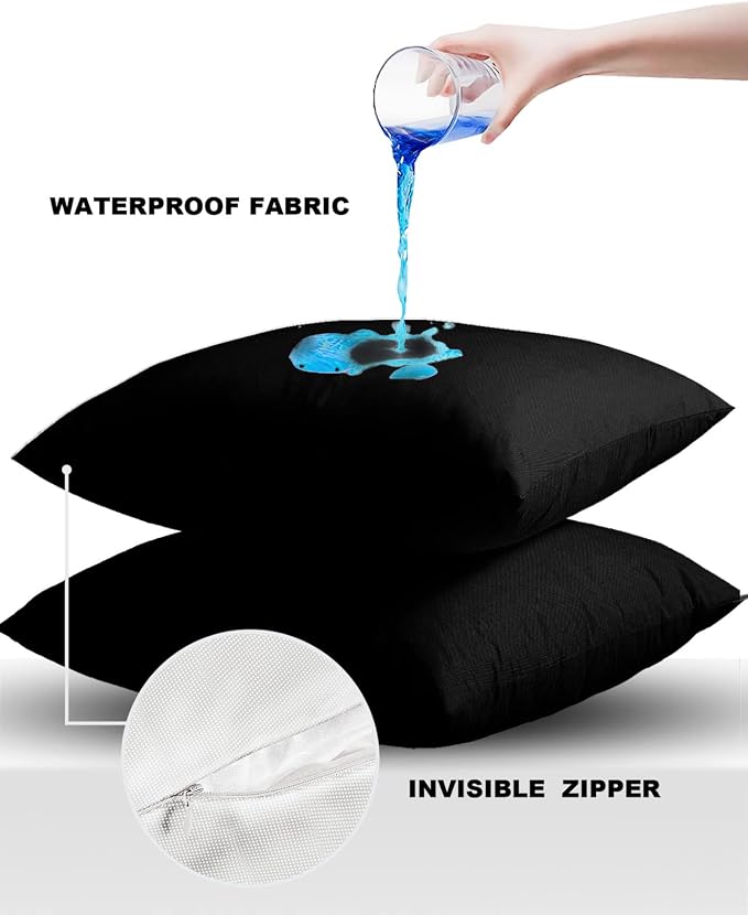 Outdoor Waterproof Pillow Covers for Patio Furniture Black Decorative Throw Pillow Cover Solid Color Pillowcases Set of 2 Cushion Case for Sofa Couch Chair Home Decor 18x18 inch x 2pcs