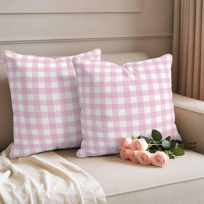Light Pink Checks Outdoor Pillow Covers 24"x24" Set of 2, Gingham Plaid Abstract Modern Minimalist Waterproof Throw Pillow Covers for Patio Furniture, Decorative Cushion Covers for Porch