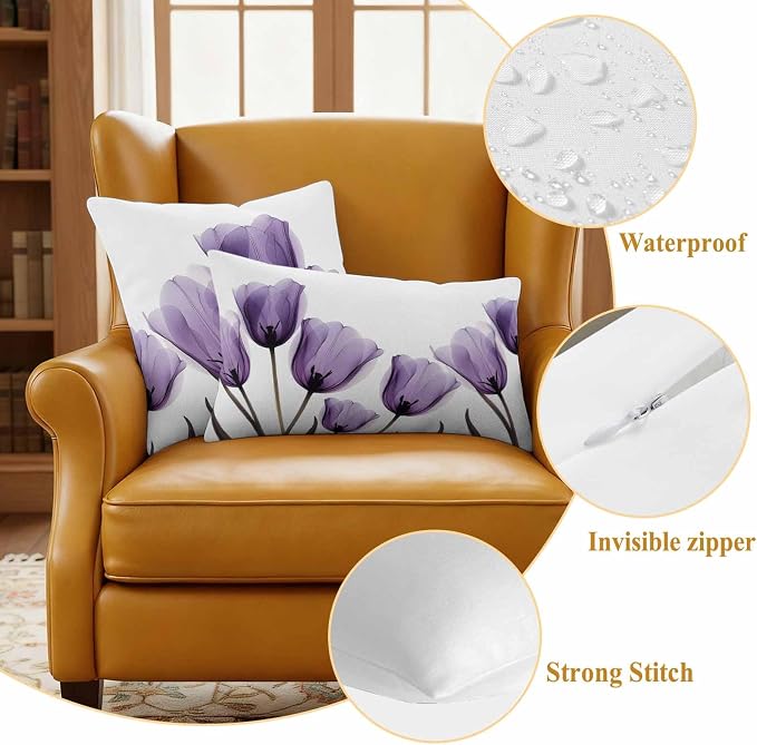 Spring Purple Outdoor Waterproof Throw Pillow Covers Set of 2, 20"x12", Flowers Image of Tulips Floral Decorative Pillow Covers Outside Cushion Case for Patio Porch Garden