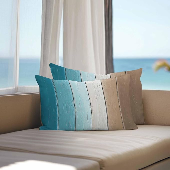 Lumbar Pillow Covers 20x12 Inch Set of 2, Teal Brown Ombre Waterproof Outdoor Cushion Covers, Vintage Country Wooden Decorative Pillowcases for Couch, Sofa, Bed, Garden, Patio