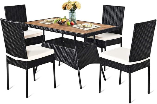 HAPPYGRILL 5-Pieces Patio Rattan Dining Set Outdoor Wicker Bistro Table Set with Acacia Wood Tabletop & Cushioned Chairs, Dining Furniture Set for Backyard Porch Dining Room Kitchen