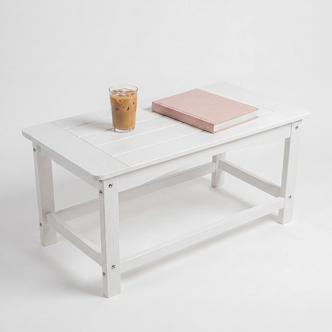 White Outdoor Coffee Table for Patio 35.4 x 17.5 x 16.1 Poly Lumber | 250 lb All-Weather HIPS Rectangle Patio Table, Stainless Steel Hardware, 1-Year Warranty for Deck Balcony Porch Poolside