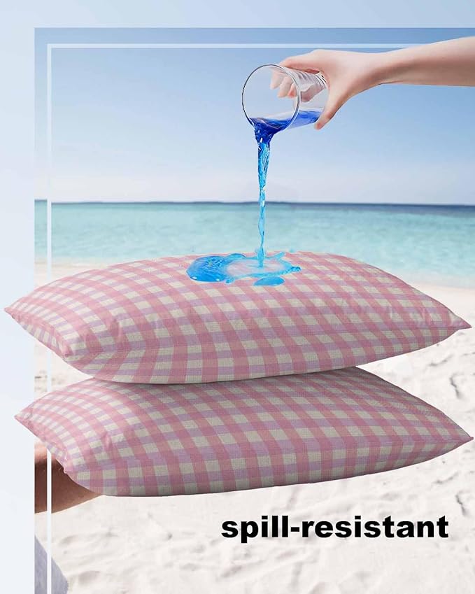 Outdoor Waterproof Throw Pillow Covers Set of 2 Pink Buffalo Plaid Lumbar Pillowcases 20x12 Inches Linen Classic Checked Patio Decorative Pillows Cushion Case Patio Pillows for Couch Bed Chair Garden