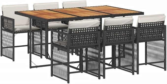 7 Piece Outdoor Dining Set for 6 with Acacia Wood and Poly Rattan, Black and Cream White, Foldable Patio Furniture with Removable Cushion Covers