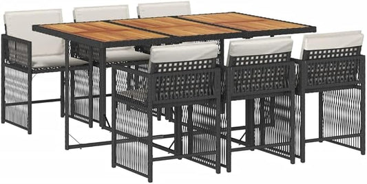 7 Piece Outdoor Dining Set for 6 with Acacia Wood and Poly Rattan, Black and Cream White, Foldable Patio Furniture with Removable Cushion Covers