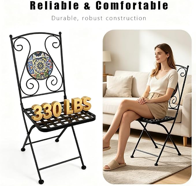 Folding Patio Chairs Set of 2 Mosaic Bistro Chair Outdoor Seating | Garden Patio Furniture Seating Heavy Duty Metal Frame Dining Chairs for Lawn Yard Balcony Porch Backyard Poolside
