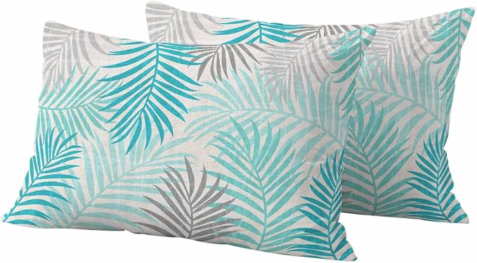 Outdoor Waterproof Throw Pillow Covers, Teal Grey Palm Leaves Decorative Pillow Cases, Summer Botanical Tropical Leaf Couch Pillow Protector Patio Sofa Cushion Covers Replacement 20"x12" 2 Pack