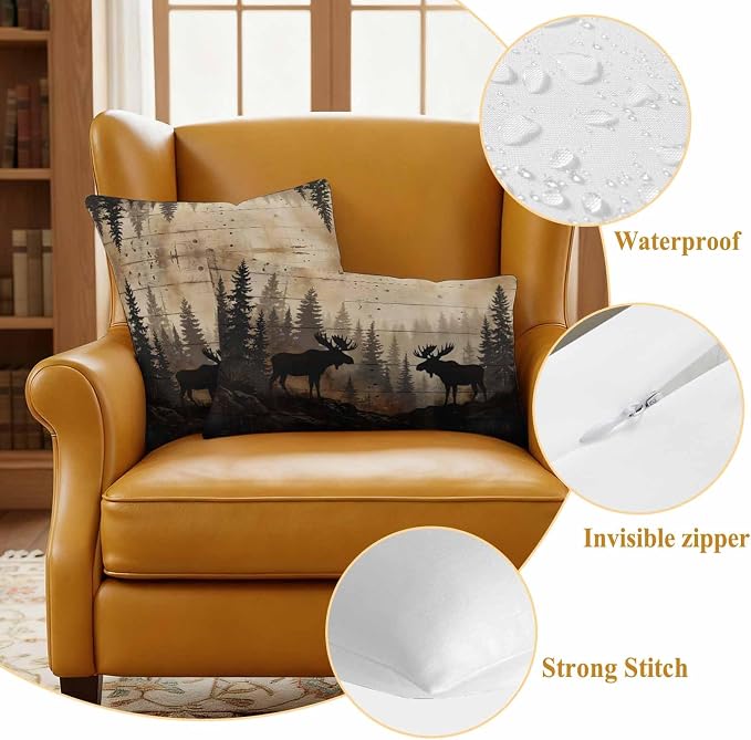 Nature Landscape Outdoor Waterproof Pillow Covers Pack of 2, Rustic Moose Forest Pine Silhouettes Wildlife Throw Pillowcases Decorative Cushion Covers for Garden Patio Tent Sofa Couch, 20x20 inch
