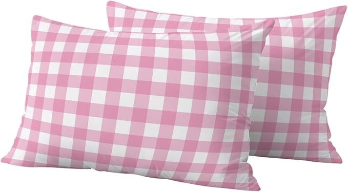 Rose Pink Checks Outdoor Pillow Covers 20"x12" Set of 2, Gingham Plaid Abstract Modern Minimalist Waterproof Throw Pillow Covers for Patio Furniture, Decorative Cushion Covers for Porch