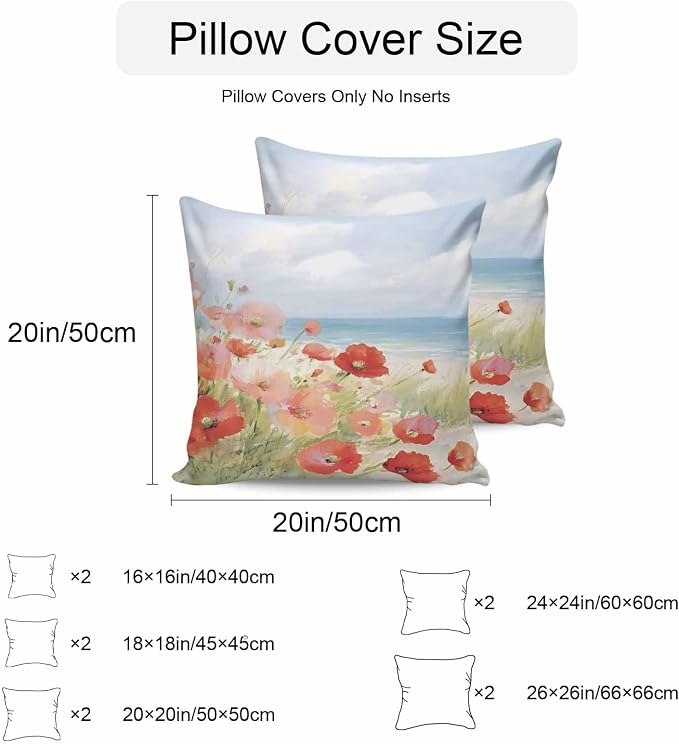 Spring Red Pink Floral Outdoor Pillow Covers 16x16 Inch Throw Pillow Covers Set of 2 Waterproof Decorative Pillow Cases Summer Coastal Beach Wave Ocean Blue Cushion Covers for Patio Furniture Garden