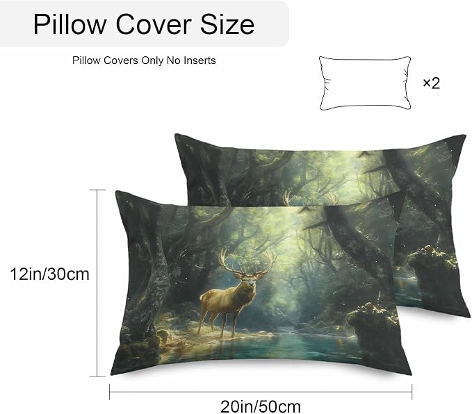 Green Forest Deer Waterproof Outdoor Pillow Covers Set of 2 Home Decor, Fantasy Vintage Nature Scenery Pillowcase Patio Pillow Covers for Couch Bench Furniture Garden 20x12in