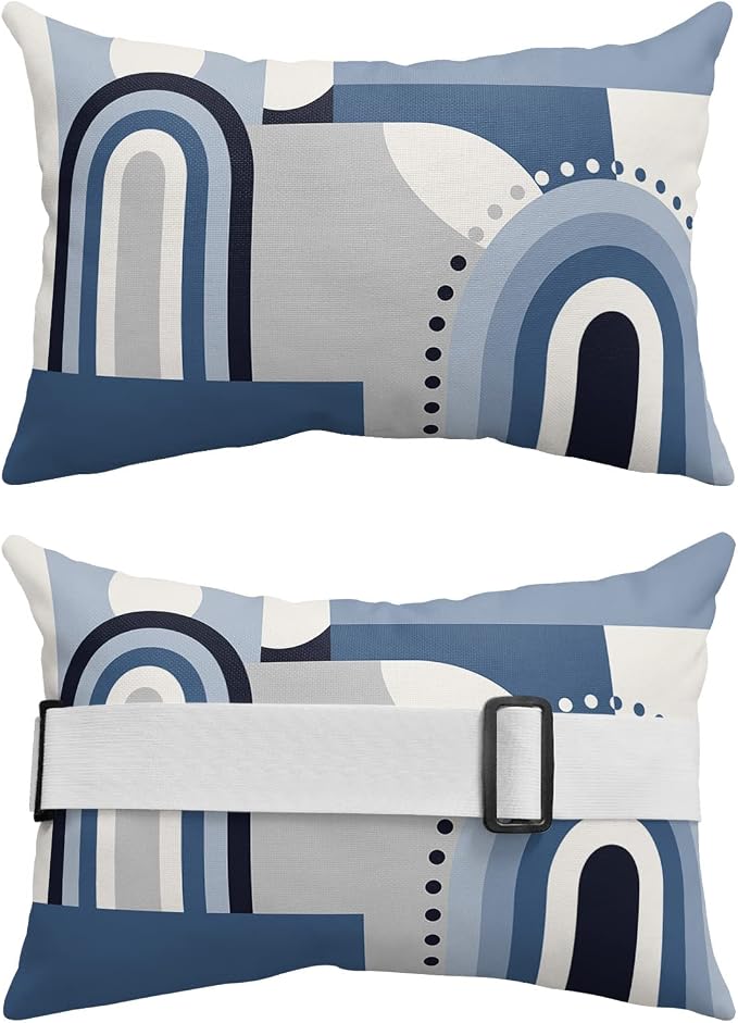 Outdoor Pillows Covers with Inserts Mid-Century Modern Curve Abstract Geometric Blue Gray Waterproof Pillow with Adjustable Strap Throw Pillows for Patio Furniture Recliner Lounge Chair, 12"x20", 1PCS