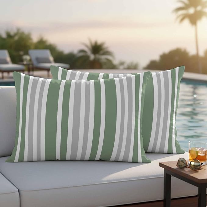 Sage Green Grey Stripe Outdoor Pillow Covers 20x12 Inch Lumbar Pillow Covers Set of 2 Waterproof Decorative Throw Pillow Cases Farmhouse Minimalist Striped Cushion Covers for Patio Furniture Garden