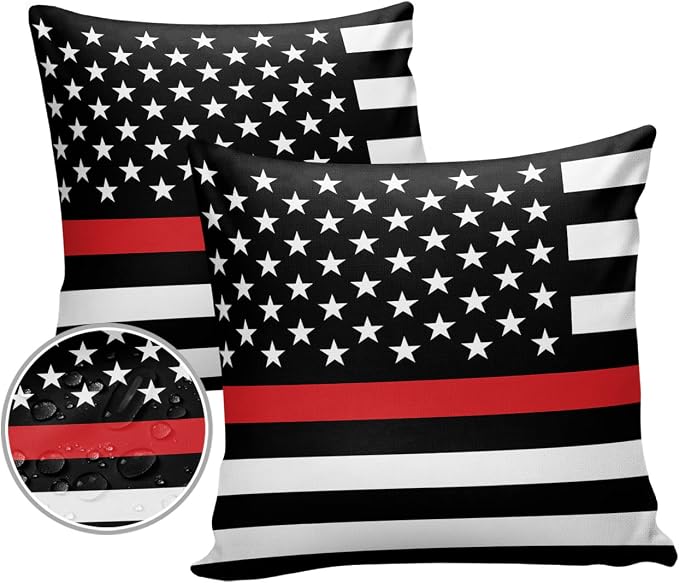 Outdoor Waterproof Pillow Covers Set of 2, Thin Red Line Flags American Firefighter Red Stripes Flag Patio Throw Pillow Covers, Decorative Cushion Case for Couch Sofa Furniture Garden, 18x18 Inch