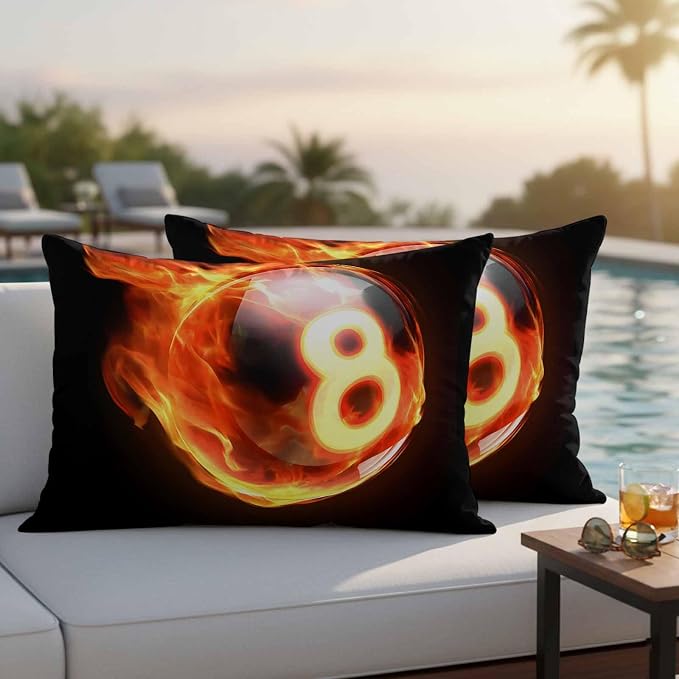 Billiards Outdoor Pillow Covers 20x12 Inch Lumbar Pillow Covers Set of 2 Waterproof Decorative Throw Pillow Cases Modern Buruning Flame Sport Black Background Cushion Covers for Patio Furniture Garden