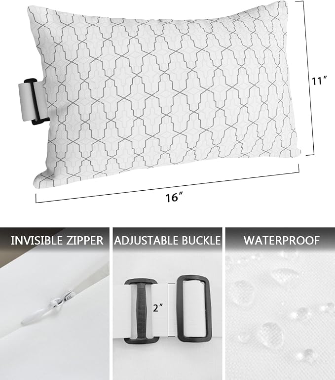 Outdoor Pillows Covers with Inserts Modern Geometric Lattice Waterproof Recliner Pillow with Adjustable Strap Throw Pillows for Patio Furniture Pool Lounge Chair, 11x16 inch, 2PCS