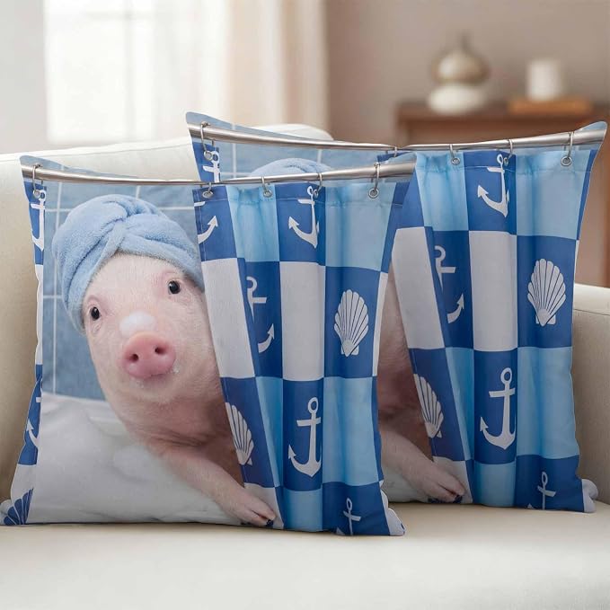 Bathing Pig Waterproof Outdoor Pillow Covers Set of 2 Home Decor, Funny Animal Showering Pillowcase Patio Pillow Covers for Couch Bench Patio Furniture Garden 16x16in