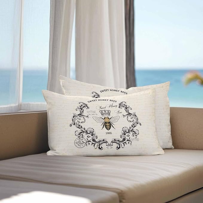 Vandarllin Outdoor Throw Pillows Covers 20x12 inch Set of 2 Waterproof Sweet Honey Bees Decorative Zippered Cushion Covers for Patio Furniture, Floral Crown Wreath Vintage Lumbar Pillowcases