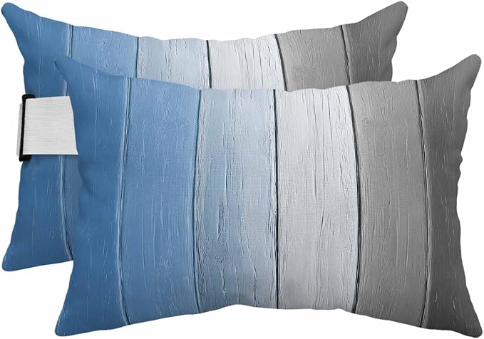Blue Gray Ombre Outdoor Pillows for Chaise Lounge Chair Beach Headrest Pillow Set of 2 Waterproof Lumbar Pillows with Insert&Strap Vintage Country Wooden Recliner Neck Pillow for Patio Pool 12"x20"