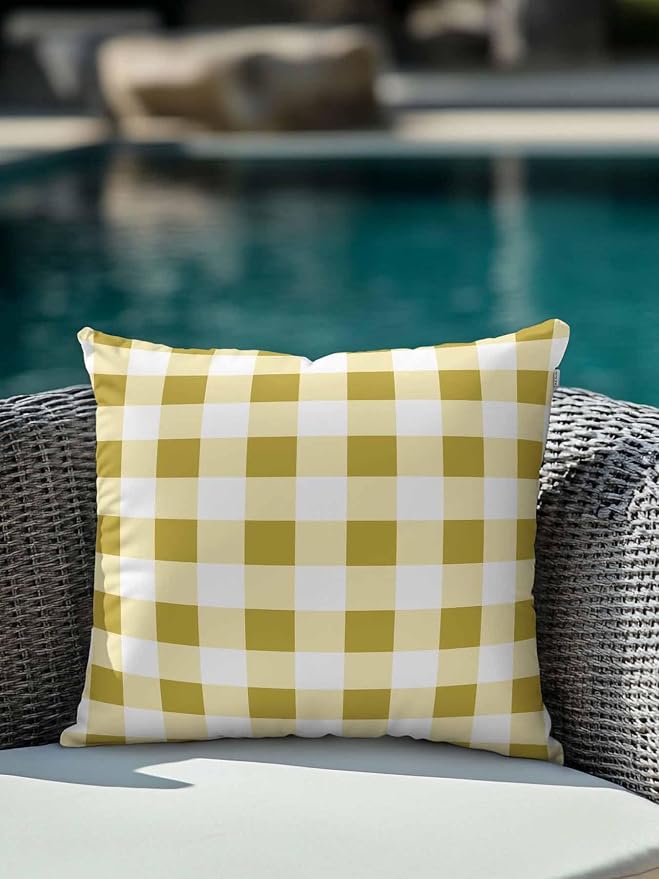 Waterproof Outdoor Pillow 1 Pack Buffalo Plaid Decorative Throw Pillows Cover & Insert 18x18 Inch Pillowcase Yellow Check Lines Square Pillows for Couch Sofa Bed Patio Furniture Indoor Outdoor