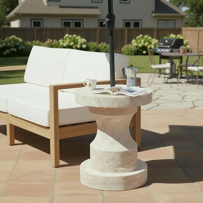 Christopher Knight Home Ravello 18" Lightweight Concrete End Table, Indoor Outdoor Accent Table, Round Side Table with Natural Travertine Effect and Umbrella Base, Patio Outdoor Side Table, Natural