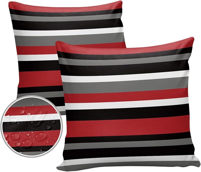 Outdoor Throw Pillow Cover Multicolor Horizontal Stripes Waterproof Cushion Covers 2 Pack Red White Gray Pillow Cases Home Decoration for Patio Garden Couch Sofa