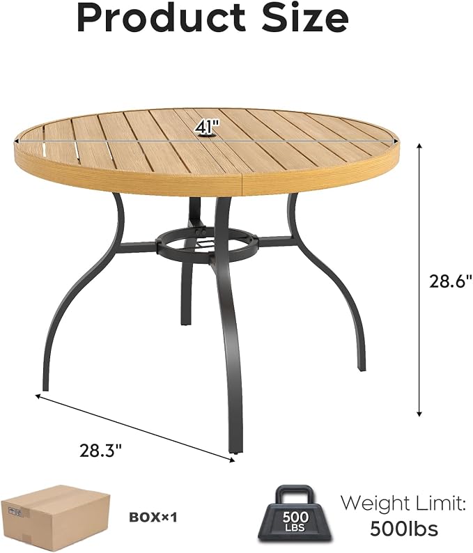 41” Patio Outdoor Dining Table, Wood-Grain Patio Round Table with Umbrella Hole, All-Weather Metal Dining Table for Party, Lawn & Garden