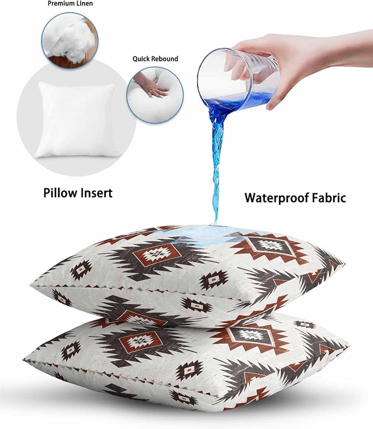 Waterproof Outdoor Pillow Set of 2 Red Brown Boho Aztec Decorative Throw Pillows Cover & Insert 16x16 Inch Pillowcase Southwest Tribal Style Pillows for Couch Sofa Bed Patio Furniture Indoor Outdoor