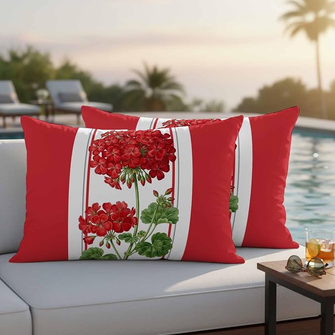 Flower Outdoor Waterproof Throw Pillow Covers 20"x12" Set of 2 Geranium Red Floral Summer Plant Spring Decorative Garden Pillowcase with Zipper Cushion Case for Patio Couch Tent