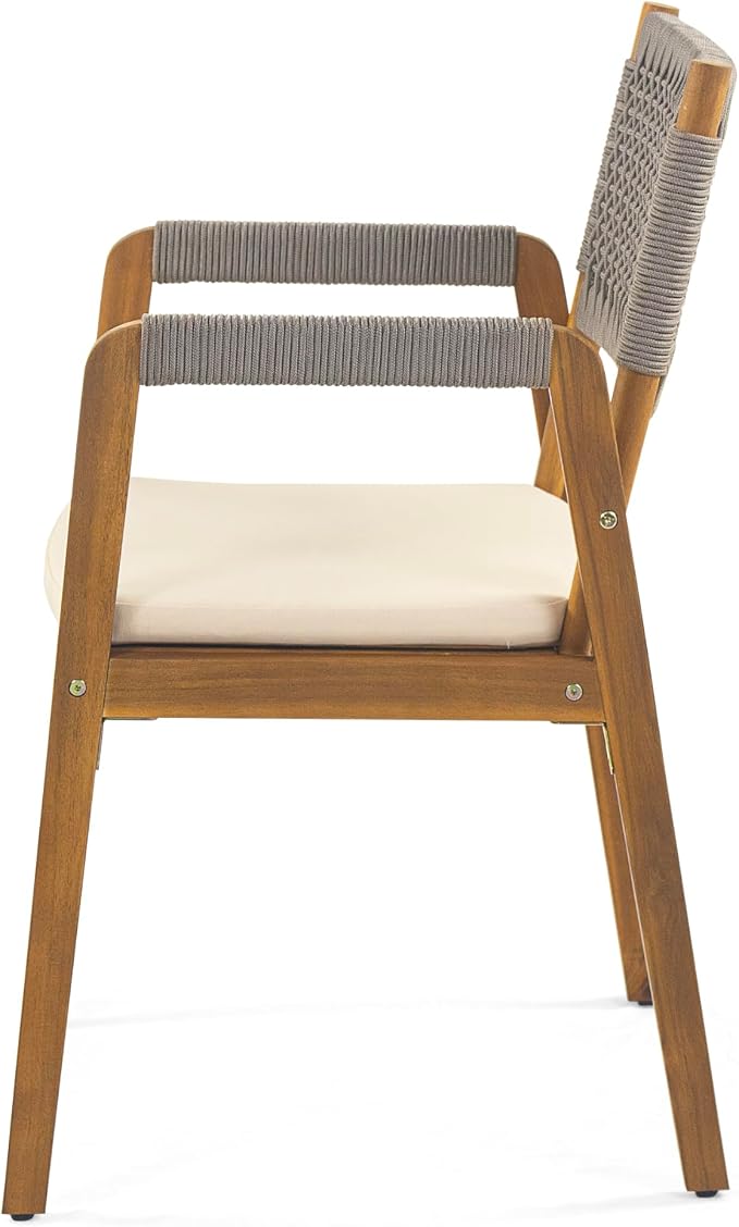 Christopher Knight Home Sky Acacia Wood Dining Table Set for 6, 7 Piece Patio Extendable Dining Table and Dining Chairs Set of 6 with Cushions & Rope Accents, Patio Furniture Set, Teak+Beige+Grey