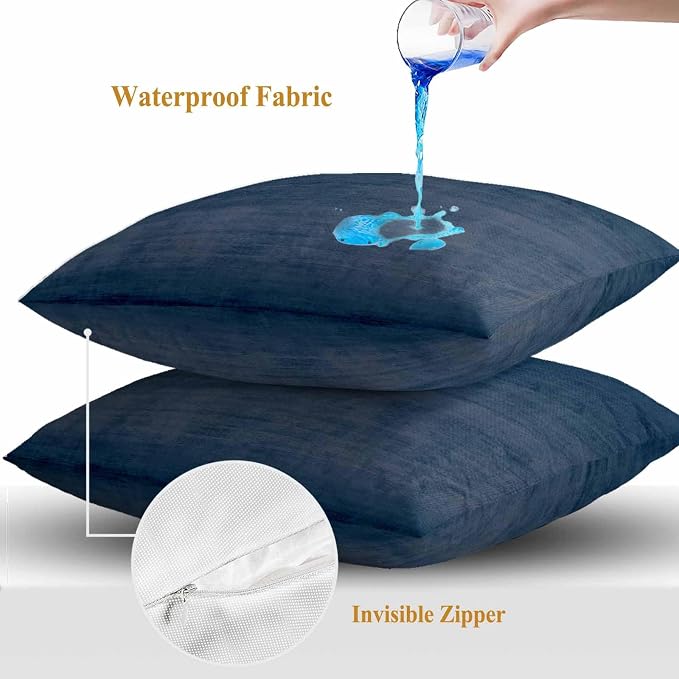 Vandarllin Outdoor Throw Pillows Covers 16x16 inch Set of 2 Waterproof Navy Blue Linen Decorative Zippered Cushion Covers for Patio Furniture, Solid Color Texture Lumbar Pillowcases