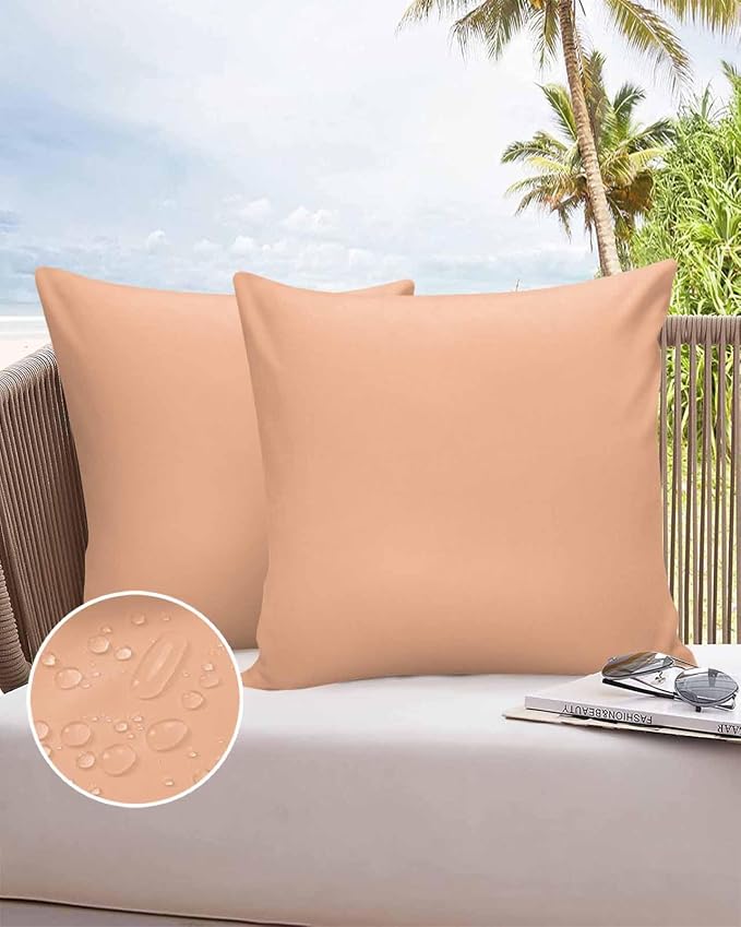 Outdoor Waterproof Throw Pillow Covers Set of 2 Peach Fuzz Pink Pillowcases 16x16 Inches Solid Color Patio Decorative Pillows Cushion Case Patio Pillows for Couch Bed Chair Garden