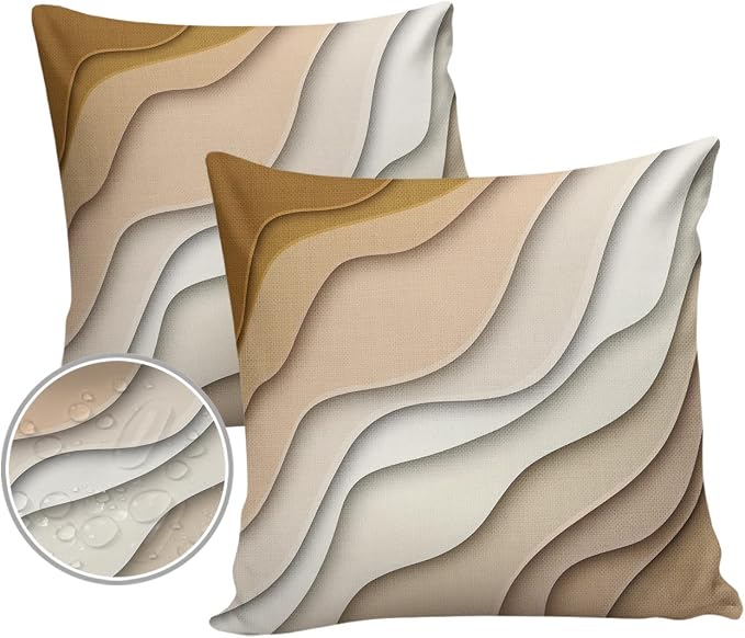 Funy Decor Waterproof Outdoor Throw Pillow Cover Brown Modern Geometric Lumbar Pillowcases Set of 2 Abstract Beach Decorative Patio Furniture Pillows for Couch Garden 26 x 26 Inches