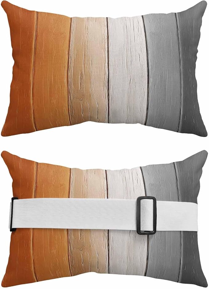 Burnt Orange Gray Ombre Outdoor Pillows for Chaise Lounge Chair Waterproof Lumbar Pillows with Insert&Strap Beach Headrest Pillow Vintage Farmhouse Wooden Recliner Neck Pillow for Patio Pool 11"x16"