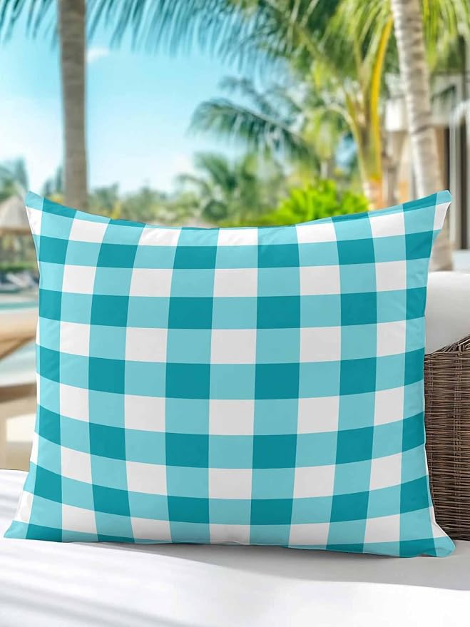 Waterproof Outdoor Pillow 1 Pack Turquoise Buffalo Plaid Decorative Throw Pillows Cover & Insert 16x16 Inch Pillowcase Check Lines Square Pillows for Couch Sofa Bed Patio Furniture Indoor Outdoor