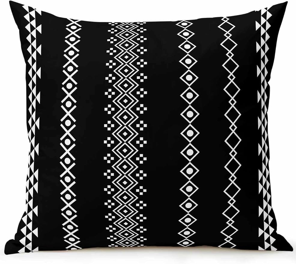 Outdoor Waterproof Throw Pillows 18x18in, Traditional Tribal White Diamond Patio Pillows Pack of 1, Decorative Pillow Covers with Insert, Pillow Cushion Case for Garden Boho Geometric on Black