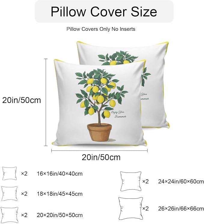 Summer Yellow Lemons Outdoor Waterproof Pillow Covers Set of 2, Green Leaf Botanical Garden Frame Pillowcase Decorative Throw Cushion Cases for Patio Garden Couch 24 x 24 Inches