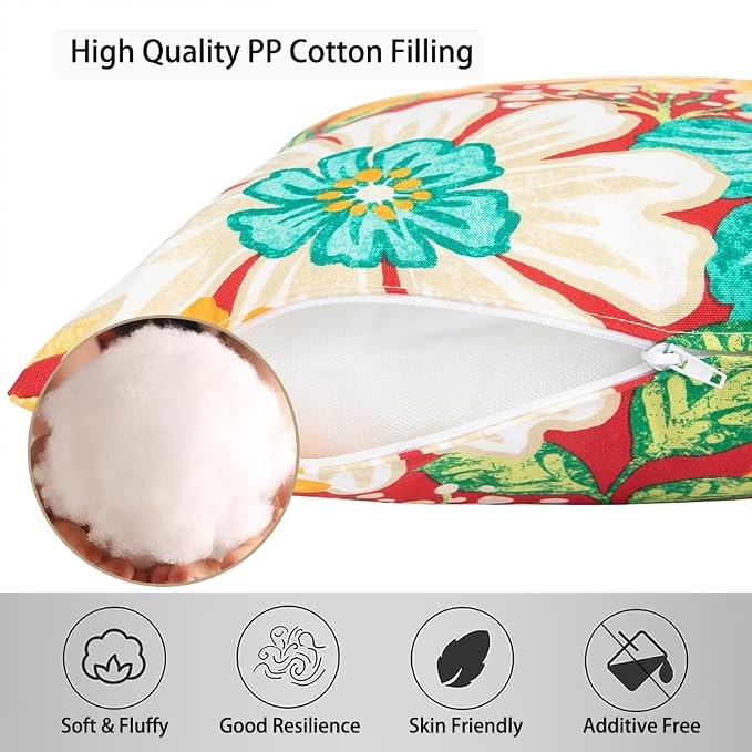 Magpie Fabrcis Pack of 2 Outdoor Waterproof Throw Pillow with Insert 18 x 18 Inch, Christmas Decorative Back Cushion Pad for Garden Patio Tent Balcony Couch Sofa (Embry Red Hibiscus)