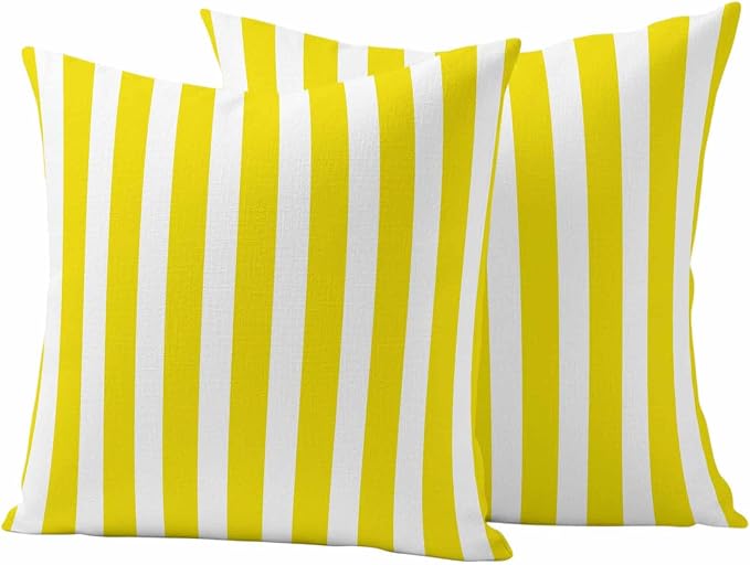 Yellow Striped Outdoor Waterproof Throw Pillow Covers 16x16 Set of 2, Modern Farmhouse Yellow White Stripes Decorative Pillowcases Cushion Pillowcase for Couch Sofa Patio Outside Pillow Protector