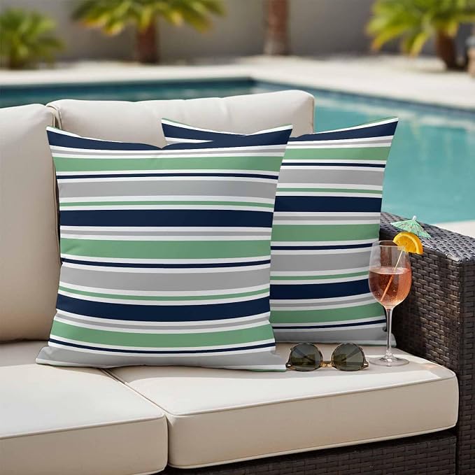 Outdoor Pillow Covers 18 x 18 Inches, Green Grey Striped Waterproof Throw Pillow Cover Set of 2, Farmhouse Stripes Modern Abstract Art Decorative Square Cushion Covers for Patio/Couch/Garden
