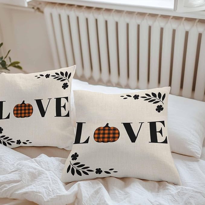 Orange Pumpkin Outdoor Waterproof Pillow Covers, Fall Leaves Love Heart Beige Pastoral Decorative Square Throw Pillowcase Sofa Cushion Sham for Patio/Couch/Chair, 18"x18" 2 Pack