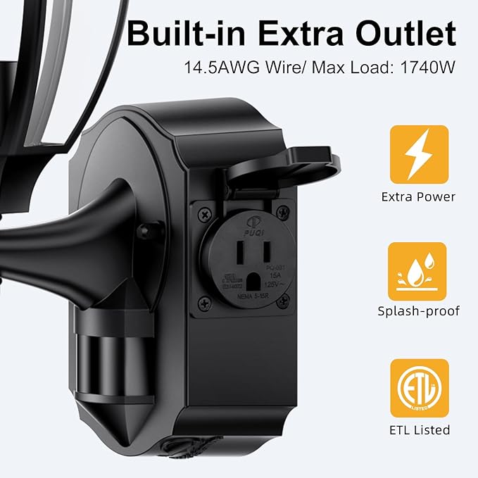 2 Pack Porch Lights with Outlet, Motion Sensor Outdoor Lights, Updated Dusk to Dawn Exterior Lighting Fixtures, Waterproof Anti-Rust Aluminum Outside Light for House Entryway Garage, Black