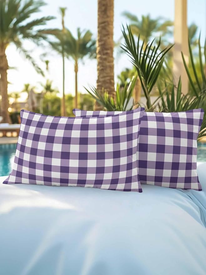 Waterproof Outdoor Pillow Set of 2 Purple Buffalo Plaid Decorative Throw Pillows Cover & Insert 20x12 Inch Lumbar Pillowcase Check Lines Pillows for Couch Sofa Bed Patio Furniture Indoor Outdoor
